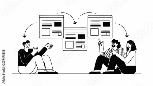 People browsing website pages, online search concept, web design elements, black and white vector illustration