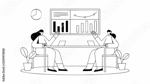 Business meeting, office teamwork, line art illustration, minimalist style, black and white vector