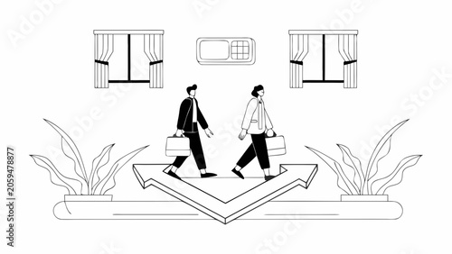 Business people walking on arrows, office building vector icons, modern workplace, black and white illustration