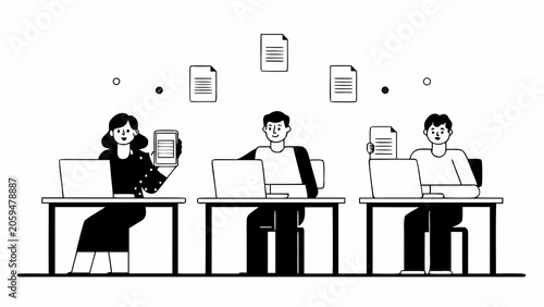 Office workers, business professionals, people at desks, computer users, workspace illustration