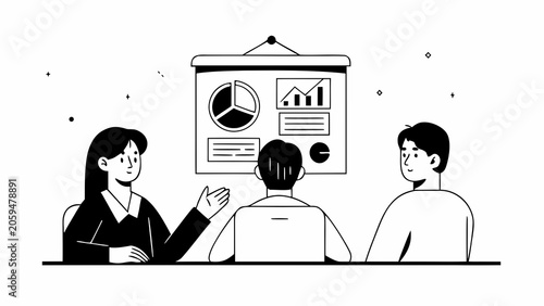Business meeting, corporate discussion, teamwork illustration, office presentation, people talking