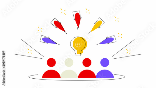 Creative team, brainstorming, lightbulb moment, colorful collaboration, idea generation, vector icons