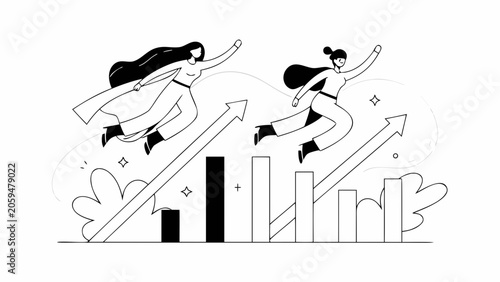 Business success, growth, and progress concept, two women jumping up arrows, graph and chart