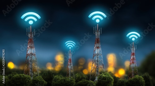 Communication Towers with Wi-Fi Signal Icon Against City Night Background, Wireless Connectivity and Technology Concept