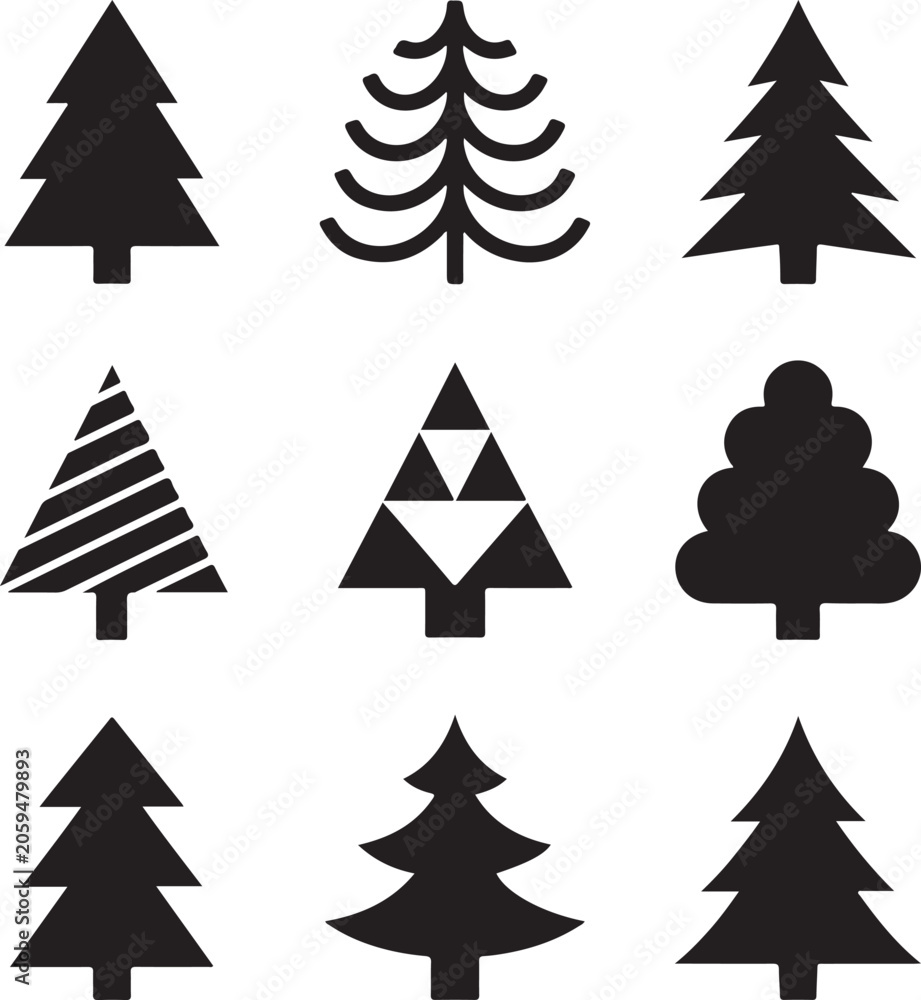 Obraz premium Collection of simple black pine tree silhouettes showing diverse geometric shapes for winter forest concepts