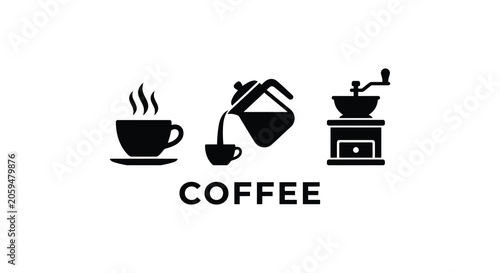 Coffee cup milk pitcher and grinder silhouettes on a white background silhouette maker brewing preparation