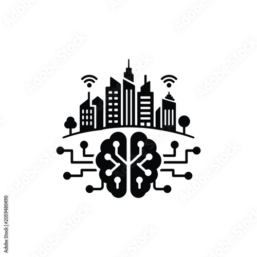 Smart City AI Network Icon – Futuristic Urban Technology Skyline with Neural Brain Concept