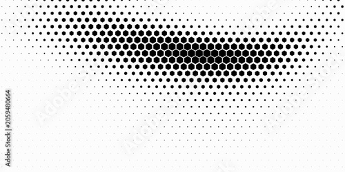 Hexagon halftone gradient texture. Abstract black grunge background. Geometric retro halftone tech overlay. Fading wavy hexagonal pattern backdrop. Vector wallpaper