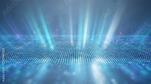 Abstract technological data surface with glowing blue light beams and digital grid pattern technology abstract futuristic