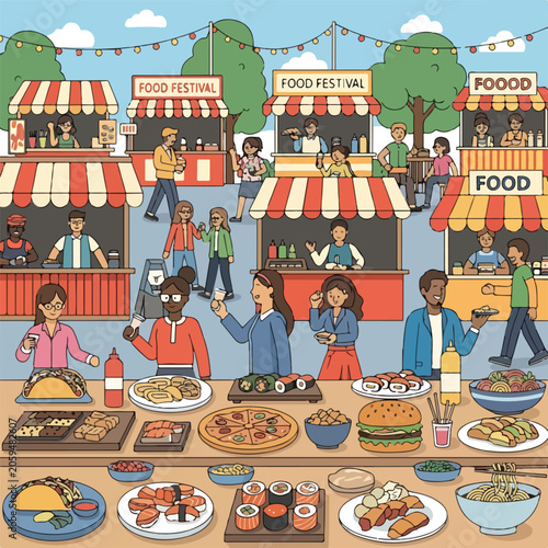 Fotografie A bustling outdoor food festival with diverse people and cuisine