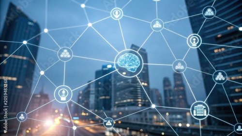 Digital network with interconnected nodes represents AI learning in cityscape, symbolizing global connectivity and innovation