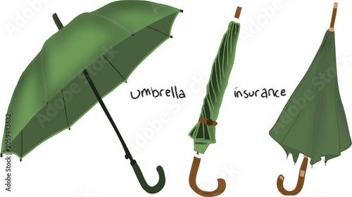 Photos Umbrella Insurance, hand-painted illustration featuring a collection of green umbrellas in open and folded positions