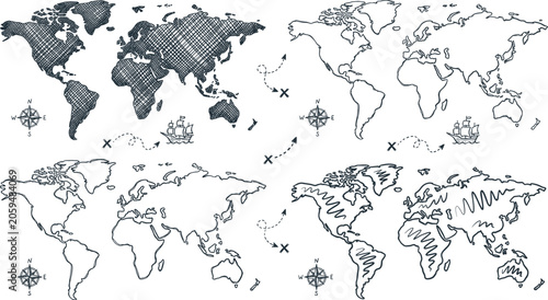 Foto Hand drawn vintage world map vector illustration set featuring sketch crosshatch patterns, outline borders, old sailing ship boat, travel route lines, and antique compass rose elements