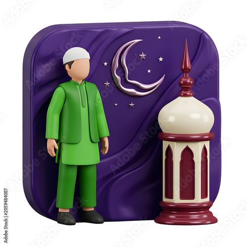 3D Cartoon Man in Traditional Dress with Mosque