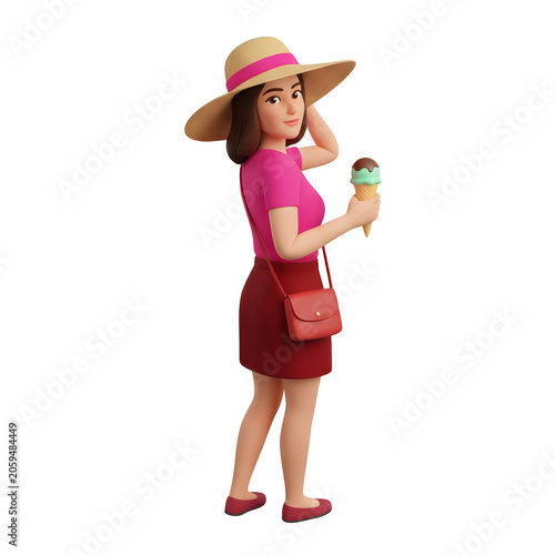 3D cartoon woman in straw hat holding ice cream cone