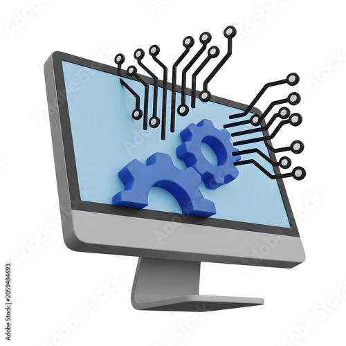 3D Computer Monitor with Gears and Circuit Board