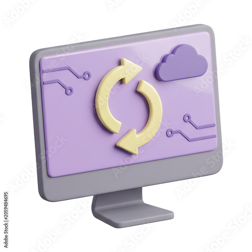 3D computer icon with cloud and refresh arrows