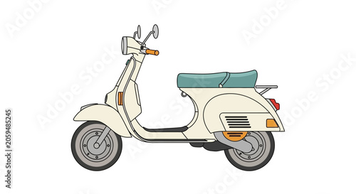 Fotografie Side view illustration of a vintage cream motor scooter with a teal seat on whit
