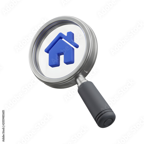 3D icon of a magnifying glass over a blue house symbol