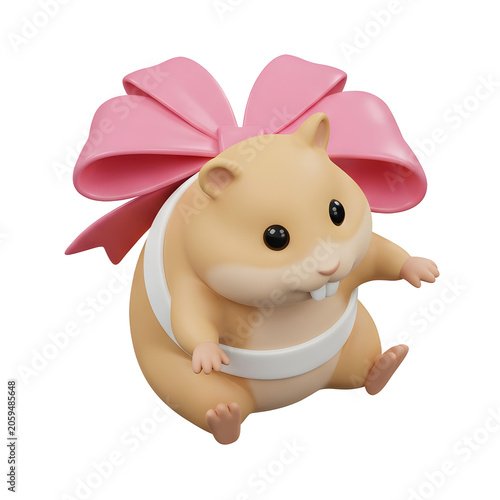 Cute cartoon hamster with a pink bow and white ribbon