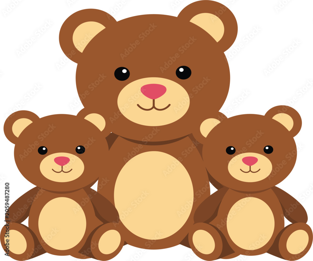 Obraz premium Cute cartoon teddy bear family vector illustration, lovely brown plush toy characters collection for children
