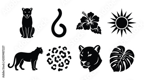 Canvas Print Black Panther Icons, Tropical Leaves, Hibiscus Flower, Sun Symbol, Animal Print