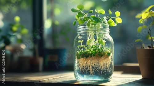 Plant roots in glass jar with water clarity sprout form and fresh tones ideal for indoor gardening or DIY visuals