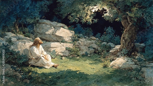A watercolor of Jesus Christ praying in the Garden of Gethsemane, moonlight casting soft shadows on the scene 