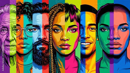 A vibrant digital illustration featuring diverse faces segmented by colorful vertical stripes, symbolizing multiculturalism and unity.