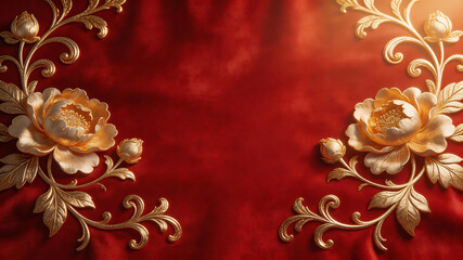 Golden floral embroidery on red fabric perfect for UI/UX design and motion graphics