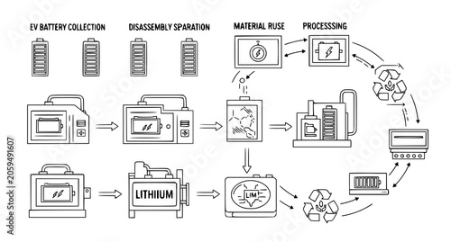 Electric vehicle battery recycling process flow diagram showing collection and disassembly and material separation and lithium processing in simple line art