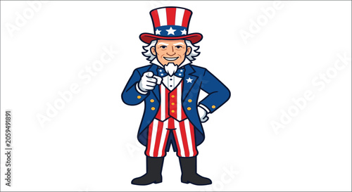 Fotografie Uncle Sam illustration with striped suit and top hat on white background