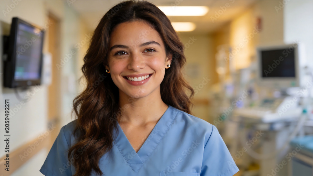 Fototapeta premium Smiling healthcare worker in hospital corridor representing a commitment to global public health