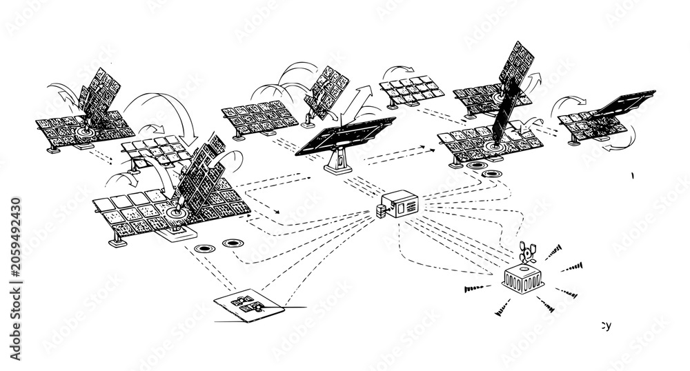 Fototapeta premium Renewable energy solar farm power distribution network diagram showing energy collection and transmission to central grid monitoring station for utility scale