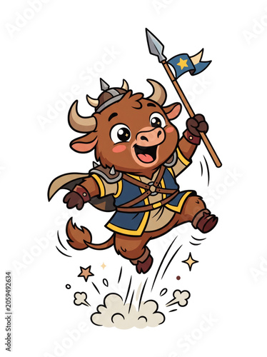 A cartoon bull in medieval costume jumping with a spear.