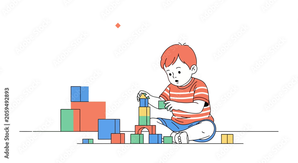 Naklejka premium Cute boy playing with colorful building blocks, vector illustration for childhood and creativity concepts.
