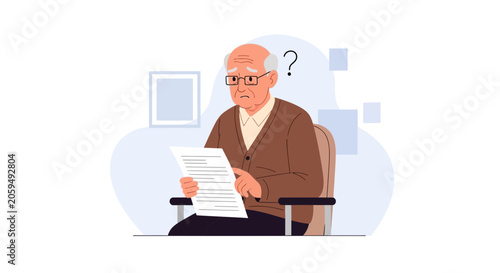 Confused elderly man reading document with question mark above head, representing memory loss, confusion, and cognitive decline.