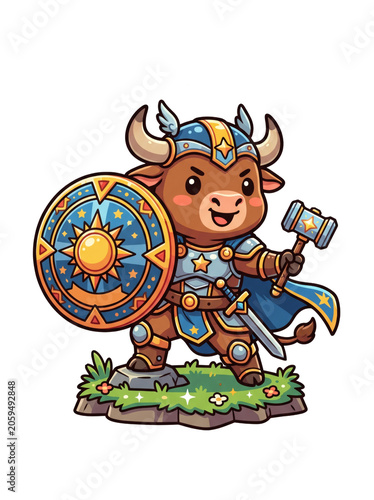 Cartoon bull in viking armor with shield.