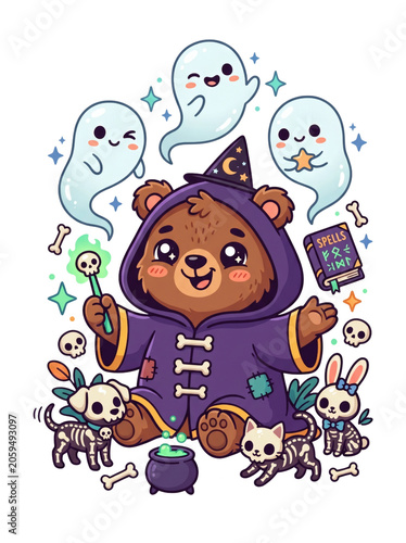 A cartoon bear in a wizard costume surrounded by ghosts and animals.