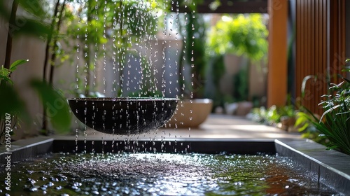 Rain chain in use with cascading drops metal shine and garden mood ideal for function or design visuals