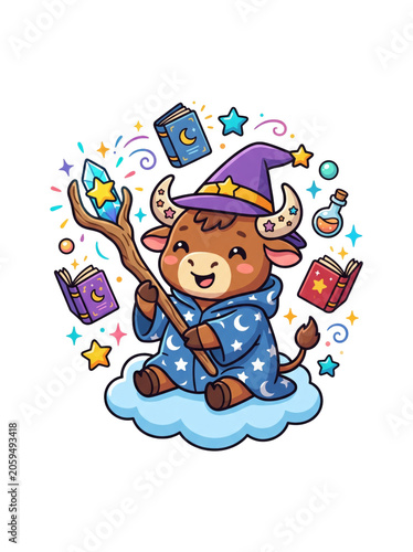 A cartoon cow dressed as a wizard with magic items.