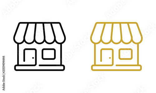 Shop icons featuring store building illustrations in black and gold minimalist line art graphic style.