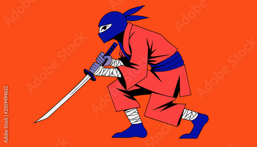 Ninja warrior in red outfit holds sword ready for action on orange background