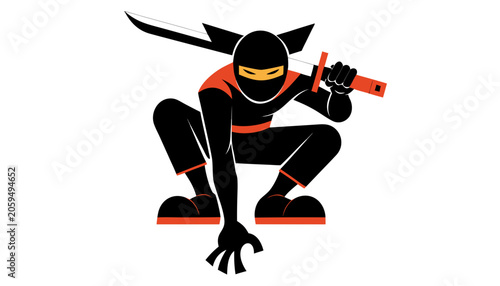 Ninja crouches with sword in hand ready to strike
