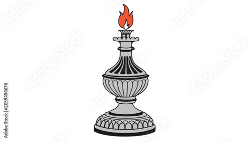 Ornate silver oil lamp with flame isolated on white background