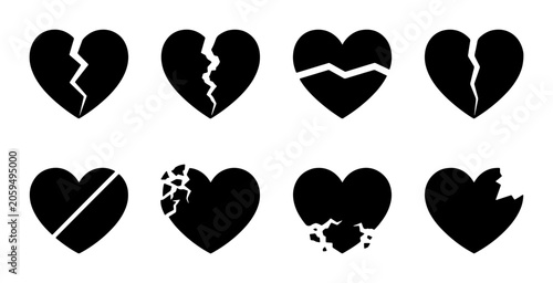 Foto Set of 8 Black Broken Heart Icons, Symbolizing Sadness and Heartbreak, Graphic E
