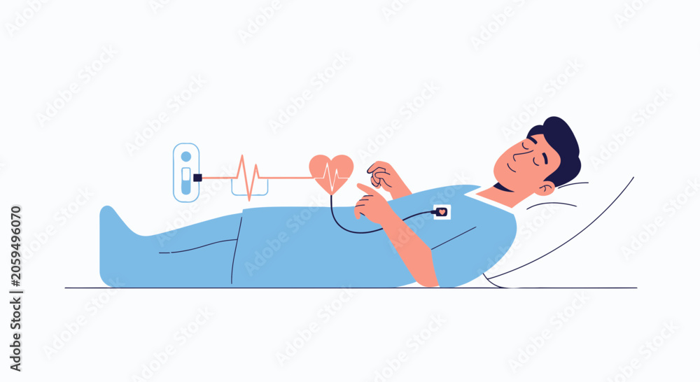 Fototapeta premium Man in hospital bed with heart monitor displaying ECG waveform and vital signs.