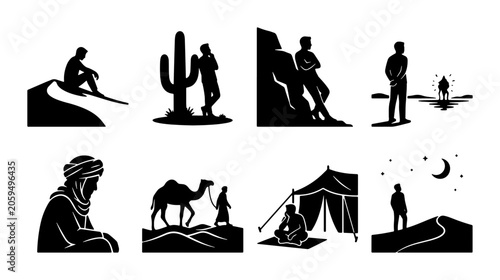 Slika na platnu Desert Nomad Silhouettes, Arabic Man, Camel Caravan, Cactus, Tent Camp, Starry N