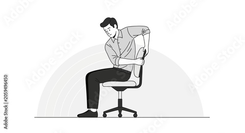 Man sitting on office chair adjusting back support, modern illustration style, clean design