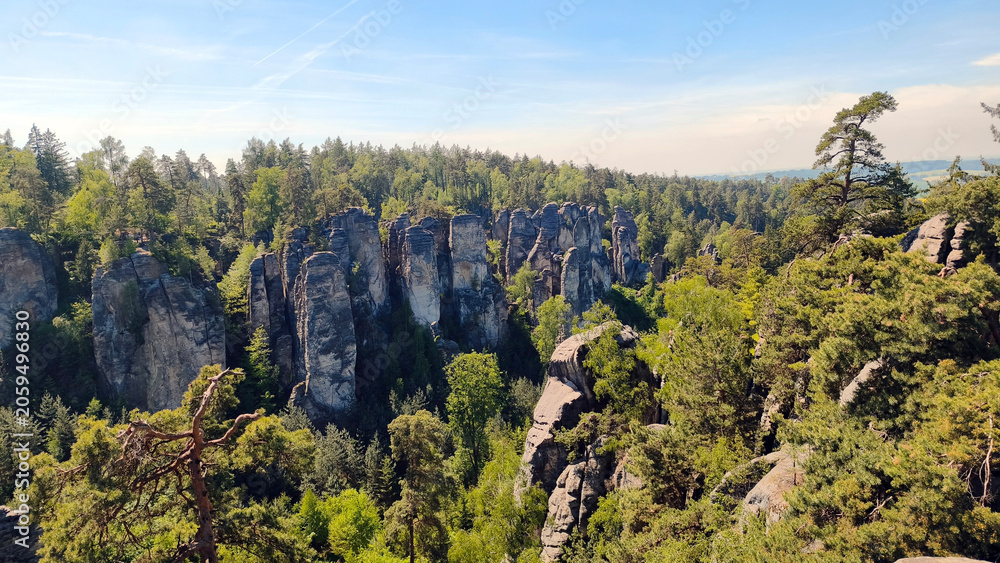 Fototapeta premium Prachov Rocks in Bohemian Paradise, Czech Republic, in sunny spring day, panoramic view 